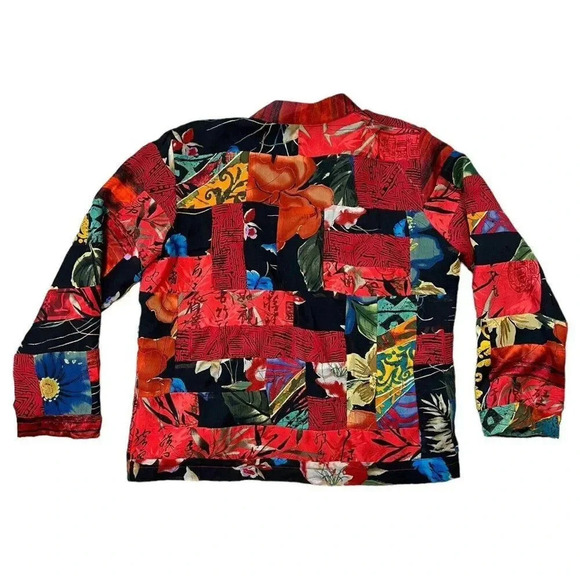 Chicos Silk Blazer Red Black Color Block Floral Tropical Lined Size 1 Small 4/6 - Picture 5 of 6